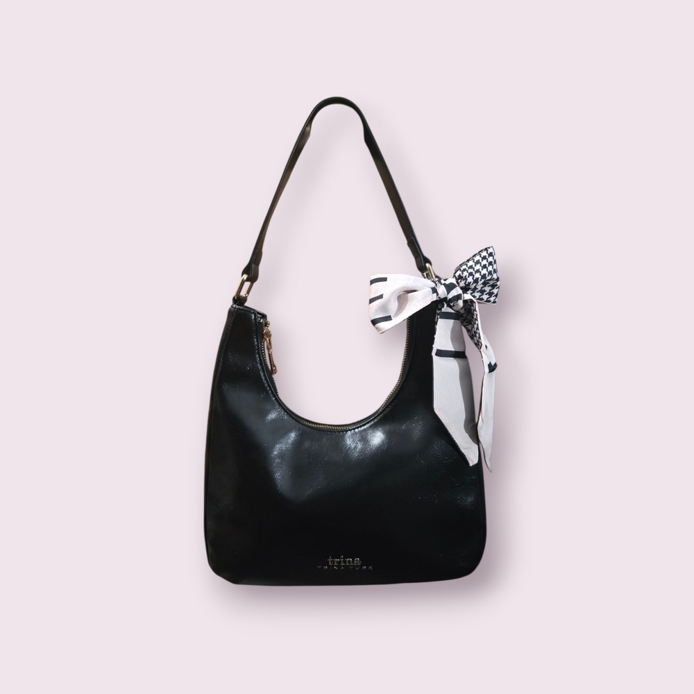 NWOT TRINA TURK VEGAN LEATHER BLACK CRESCENT HOBO